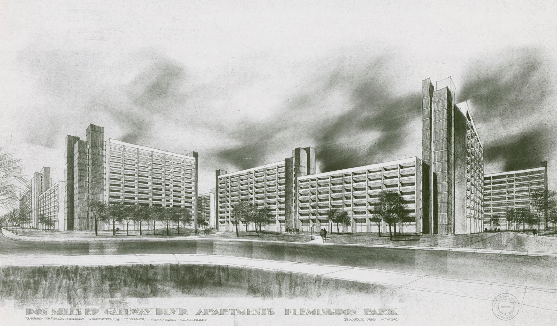 Photograph of an architectural rendering of an apartment project in Flemingdon Park (black and …