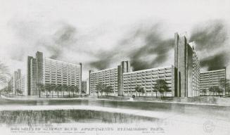Photograph of an architectural rendering of an apartment project in Flemingdon Park (black and …