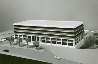 Photograph of an architectural model of a planned Texaco office building (black and white).
