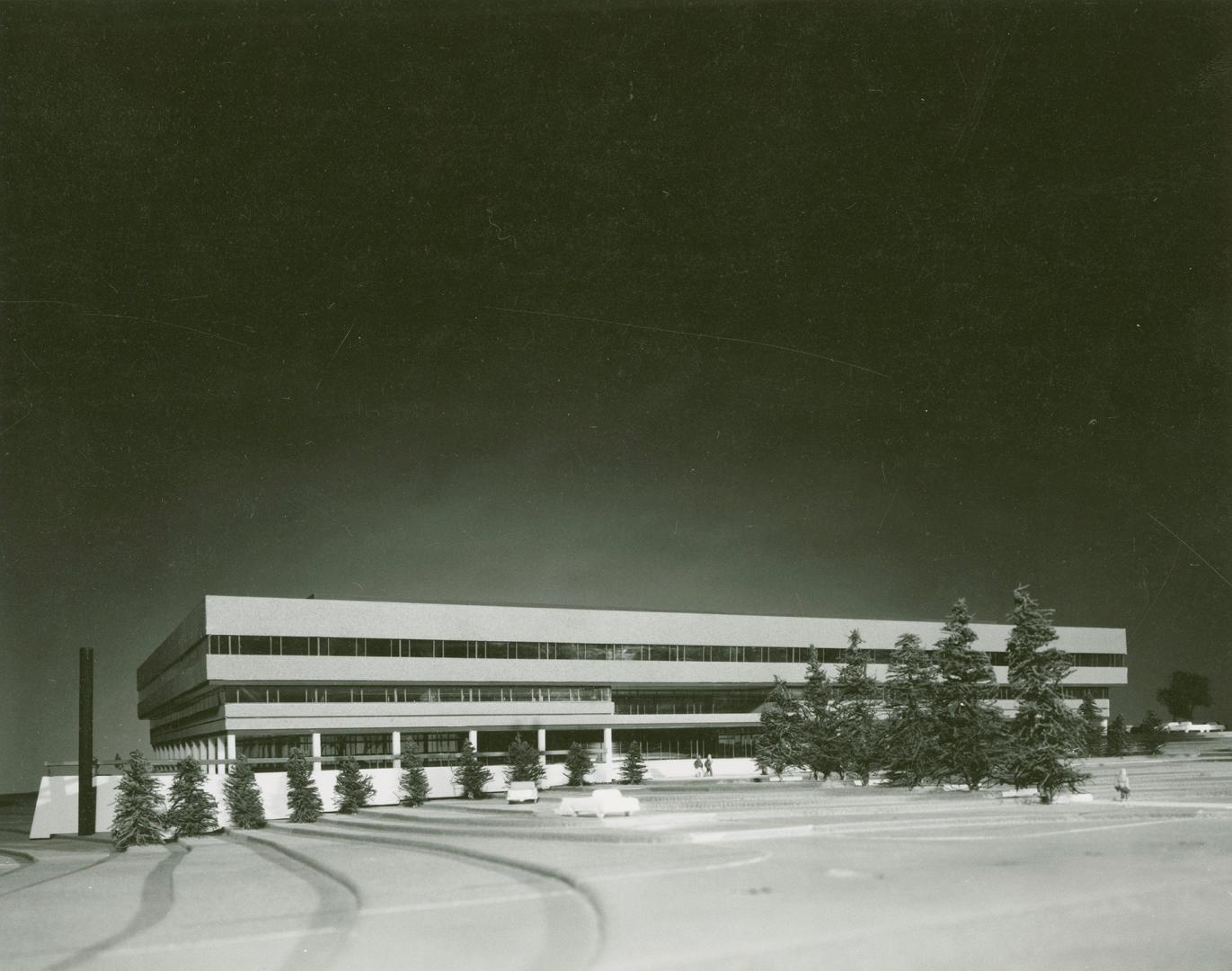 Photograph of an architectural model of a commercial building planned for Flemingdon Park (blac…