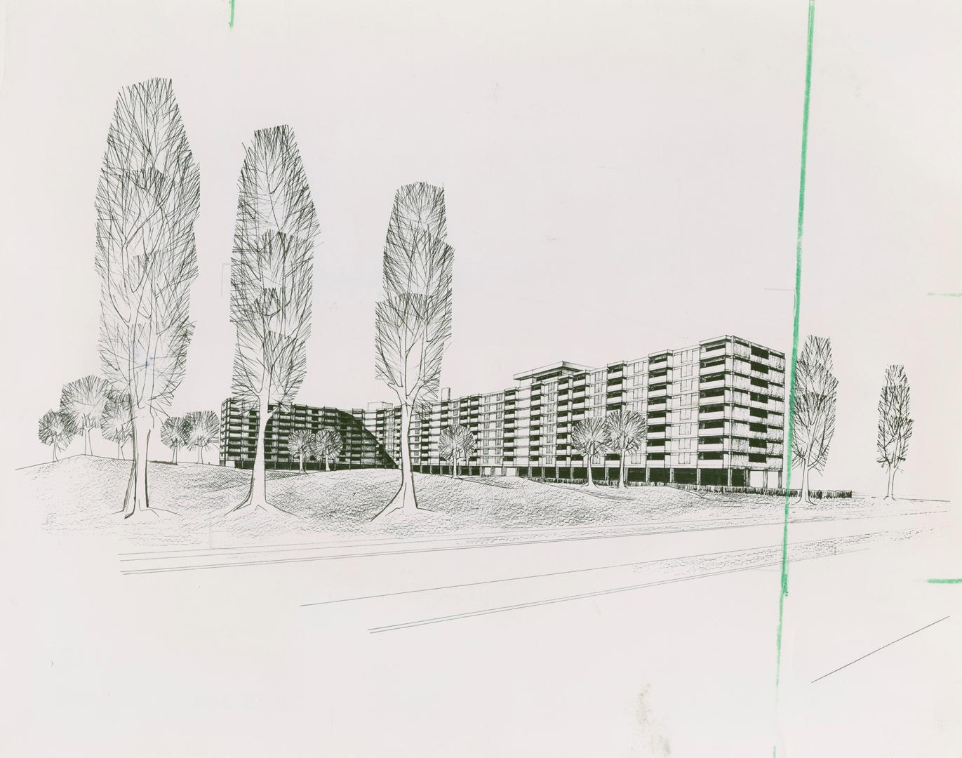 Photograph of an architectural rendering of an apartment building planned for Flemingdon Park (…
