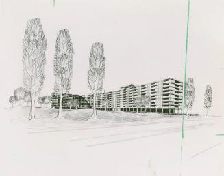 Photograph of an architectural rendering of an apartment building planned for Flemingdon Park ( ...