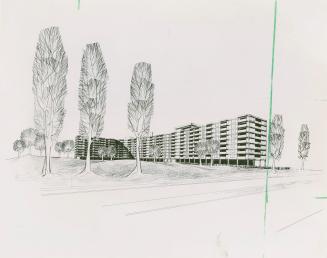 Photograph of an architectural rendering of an apartment building planned for Flemingdon Park (…
