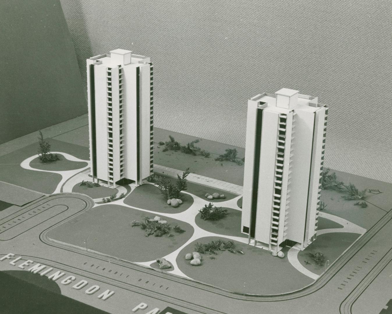 Photograph of an architectural model for a planned apartment development in Flemingdon Park (bl…
