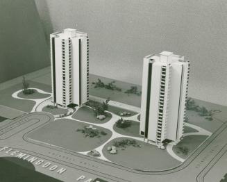 Photograph of an architectural model for a planned apartment development in Flemingdon Park (bl…