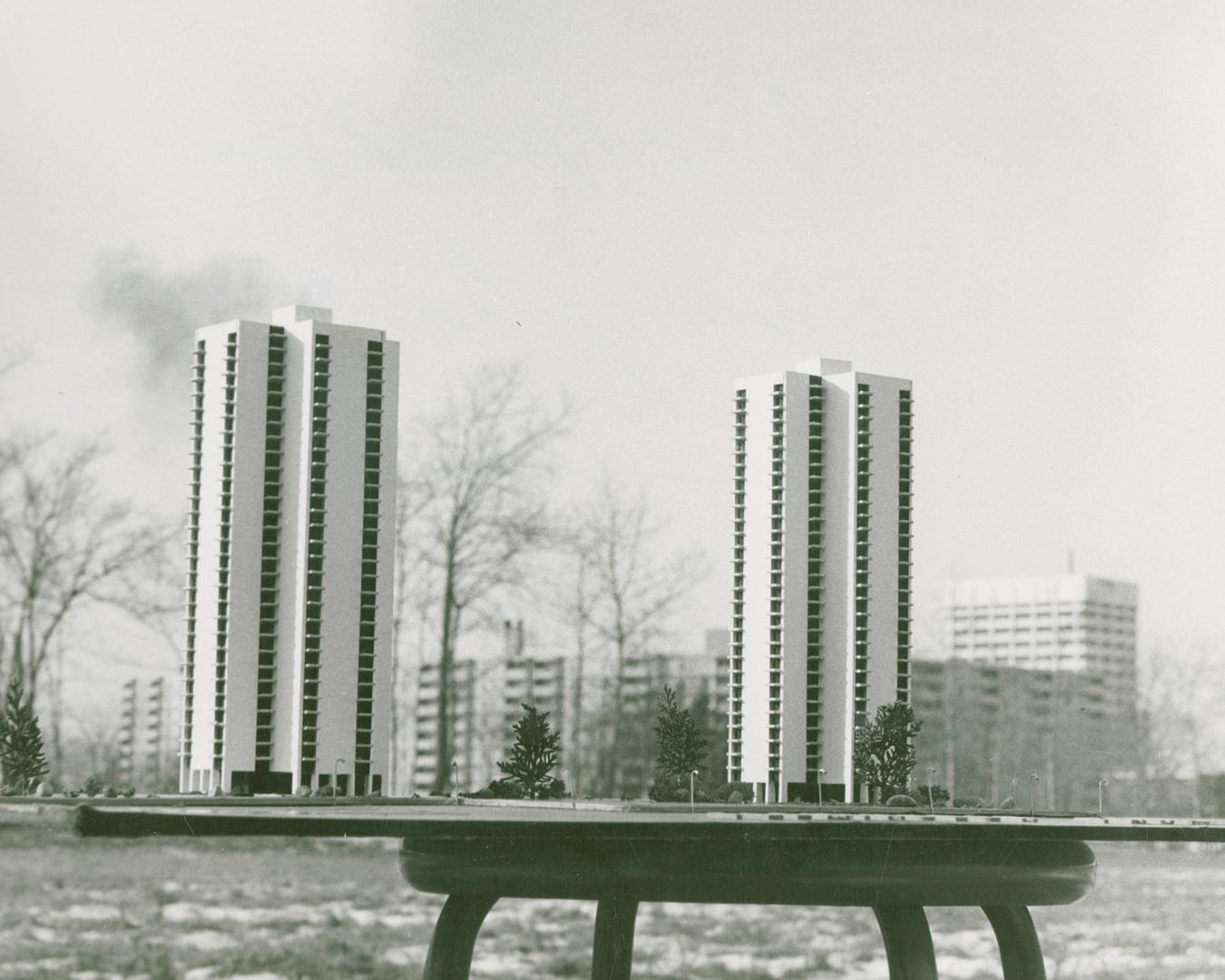 Photograph of architectural models of planned apartment buildings for Flemingdon Park displayed…
