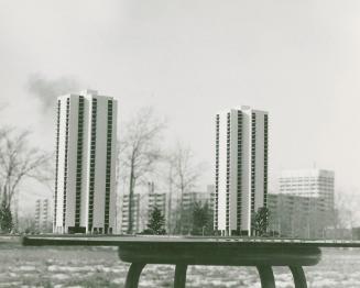Photograph of architectural models of planned apartment buildings for Flemingdon Park displayed ...