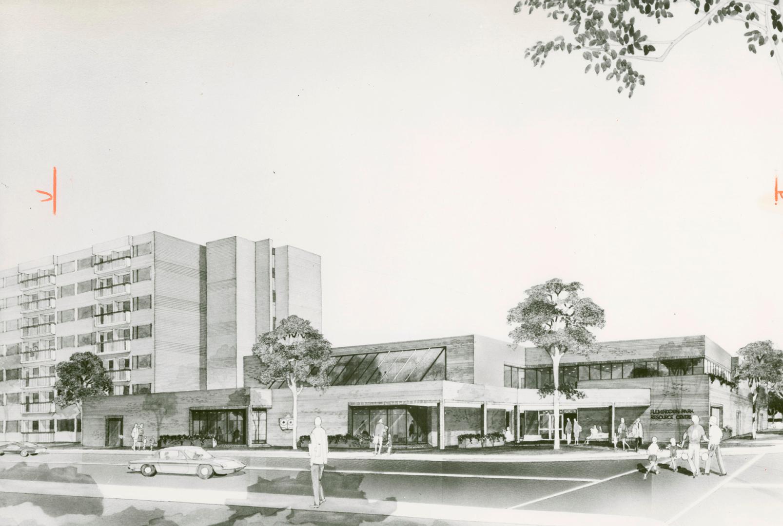 Photograph of an architectural rendering of the planned Flemingdon Park Resource Centre (black …