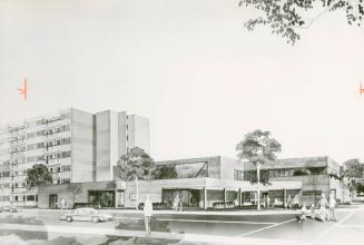 Photograph of an architectural rendering of the planned Flemingdon Park Resource Centre (black …