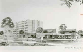 Photograph of an architectural rendering of the planned Flemingdon Park Resource Centre (black  ...