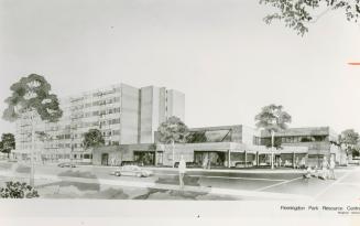 Photograph of an architectural rendering of the planned Flemingdon Park Resource Centre (black …