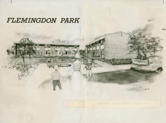 Reproduction of an architectural rendering of planned garden apartments for Flemingdon Park (bl ...