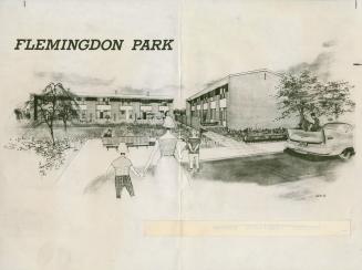 Reproduction of an architectural rendering of planned garden apartments for Flemingdon Park (bl…