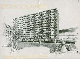 Reproduction of an architectural rendering of an apartment building planned for Flemingdon Park ...
