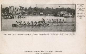 Advertisement for Dean's Canoes. Black and white photograph of two canoes each with ten men pad ...