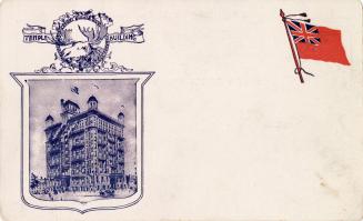 White card with a picture of a large office building inside a shield. The shield has a moose on…