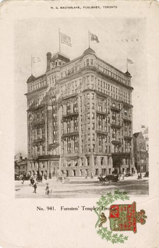 Black and white image of a large eleven story building with pedestrians and horse drawn vehicle ...