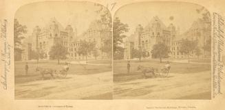 Pictures show a horse and buggy in from of a huge Richardsonian Romanesque building.