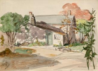 A watercolour paining of a two-storey home with two chimneys, surrounded by trees.
