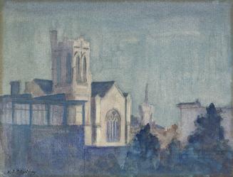 A watercolour painting of a white church, with bell tower to the left of the arched front doorw ...