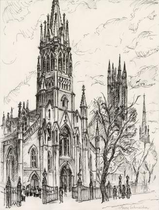 A drawing of a cathedral. People seem to be leaving after a mass. A leafless tree is in the for ...
