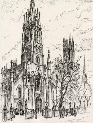 A drawing of a cathedral. People seem to be leaving after a mass. A leafless tree is in the for…