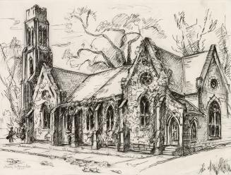 A pen-and-ink drawing of the front of the church, with the sidewalk in the foreground and a tre ...