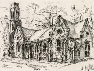 A pen-and-ink drawing of the front of the church, with the sidewalk in the foreground and a tre…