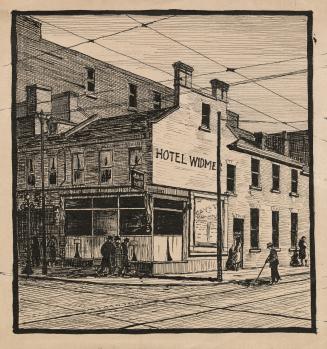 Pen-and-ink drawing showing a wooden, two-storey structure with the words Hotel Widmer painted  ...
