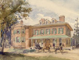Shows a two-wheeled buggy drawn by two horses, passing in front of a large, three-storey home w ...