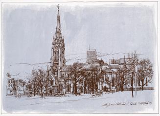 A photolithograph of a pen-and-ink drawing by Tom McNeely. The cathedral is rendered, with tall ...