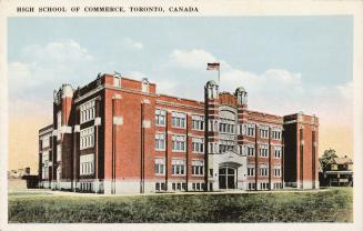 Colorized picture of a four story Collegiate Gothic school building
