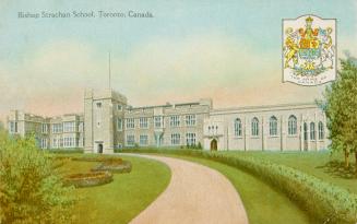 Colorized photograph of a large two story building made of Credit Valley Limestone. There is an ...