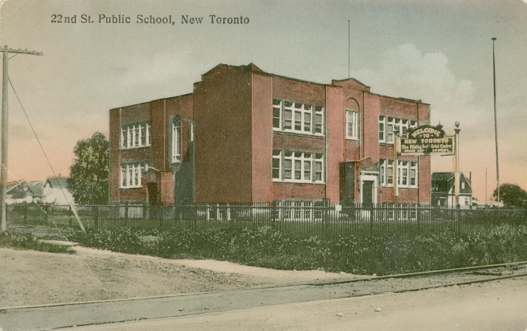 Colorized photograph of a two story, "T" shaped school building