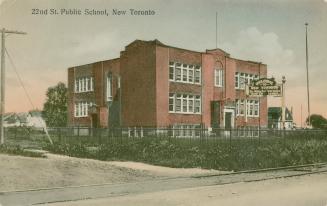 Colorized photograph of a two story, "T" shaped school building