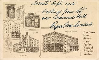 Drawing of five different stages of growth of a department store. Black ink on a buff backgroun ...