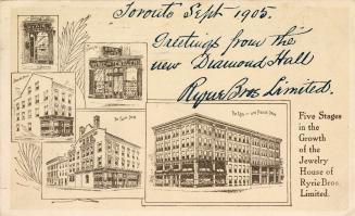 Drawing of five different stages of growth of a department store. Black ink on a buff backgroun…