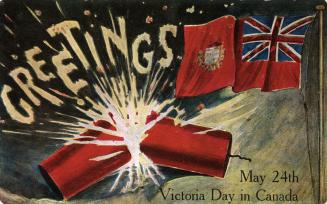 Drawing of an exploding firecracker and a Canadian flag with the union jack on it.
