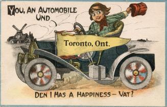 Drawing of a man driving an old fashioned car with a windmill in the background
