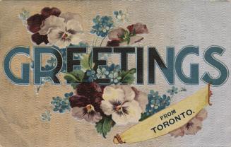 Purple and white pansies behind "Greetings" written in blue block letters.
