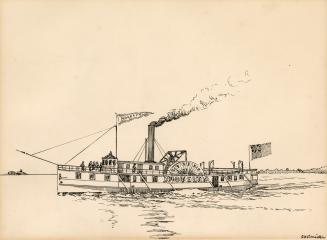 An illustration of a steamboat on a body of water. The name "Novelty" is written on t…