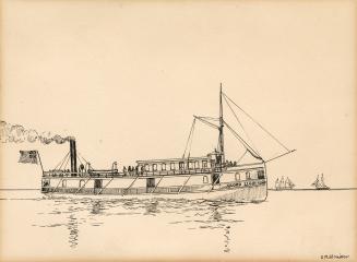 An illustration of a steamboat on a body of water, with two boats faintly visible far off in th…