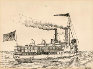 An illustration of a steamboat in a body of water. The word "Welland" is written on t…