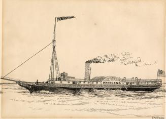An illustration of a steamboat on a body of water. The word "Peerless" is written on …