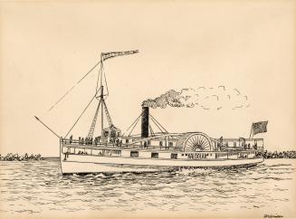An illustration of a steamboat on a body of water. The word "Kaloolah" is written on …