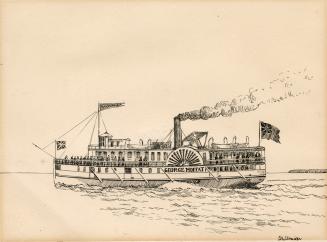 An illustration of a steamboat on a body of water. The words "George Moffatt" are wri…