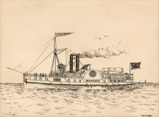 An illustration of a steamboat in a body of water. The word &quot;Banshee&quot; is written on t ...