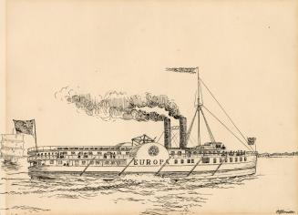 An illustration of a steamboat on a body of water. The word &quot;Europa&quot; is written on th ...