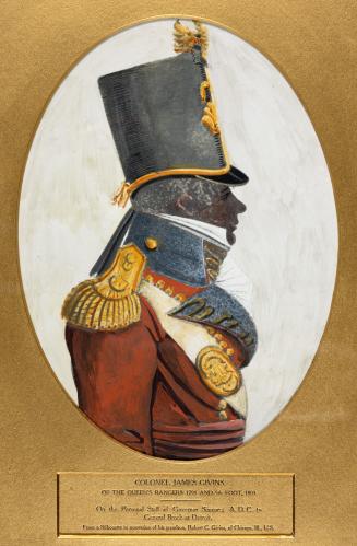 A watercolour painting of a silhouette of a man wearing a military uniform, including a large h ...