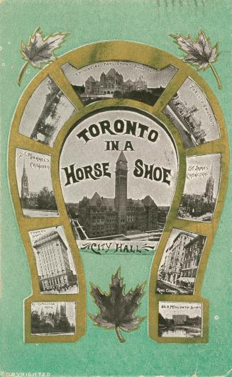 Small pictures of different buildings and sites in Toronto inside a drawing of a horseshoe. Gre ...